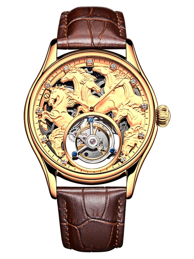 AngelaBOS Homme Montre Squelette Montre mécanique Remontage manuel Vrai Cuir Noir / Marron 50 m