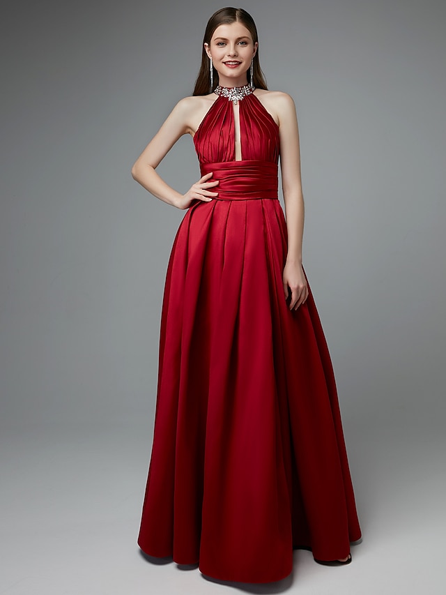  A-Line Beautiful Back Dress Prom Floor Length Sleeveless Halter Taffeta Backless with Beading Split Front 2023
