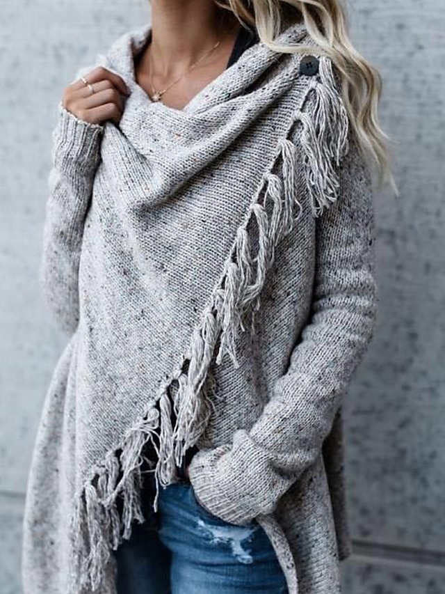  Women's Daily / Weekend Street chic Tassel Fringe Solid Colored Long Sleeve Long Cardigan Sweater Jumper, V Neck Fall / Winter Dark Gray / Gray S / M / L