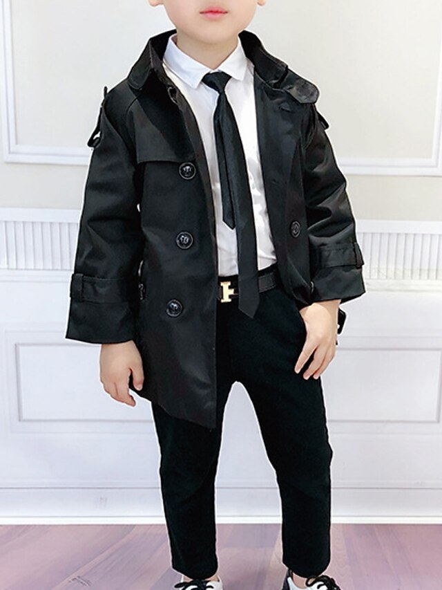  Kids Boys' Basic Solid Colored Long Sleeve Cotton Polyester Trench Coat Black