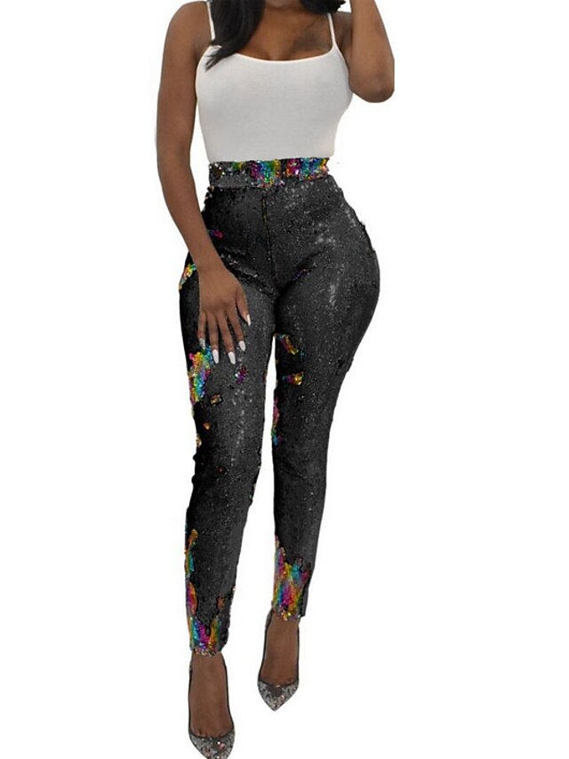  Women's Daily Basic Legging - Solid Colored, Sequins Mid Waist Blue Black Silver XL XXL XXXL / Slim