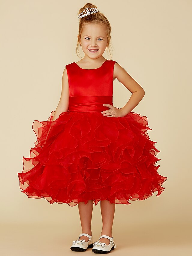  Prinzessin Knie-Länge Blumenmädchenkleid Süßes Ballkleid Satin mit Schärpe / Band Fit 3-16 Jahre