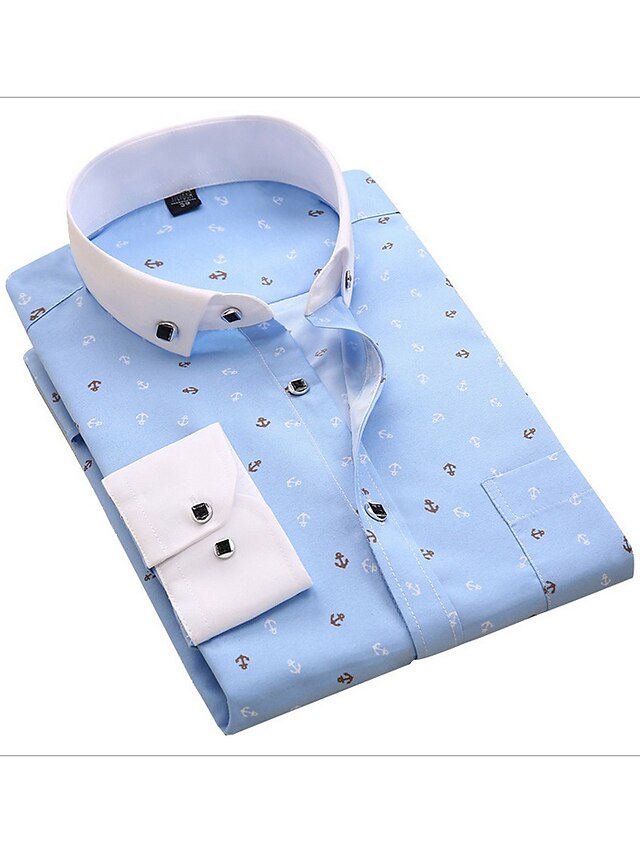  Men's Shirt Dress Shirt Shirt Collar Blue Navy Blue Light Blue Long Sleeve Daily Print Slim Tops / Spring / Fall