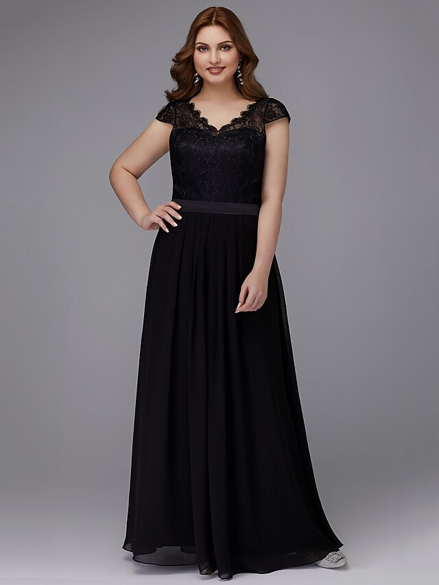  A-Line Elegant Prom Formal Evening Dress V Neck Short Sleeve Floor Length Chiffon Lace with Sash / Ribbon 2020