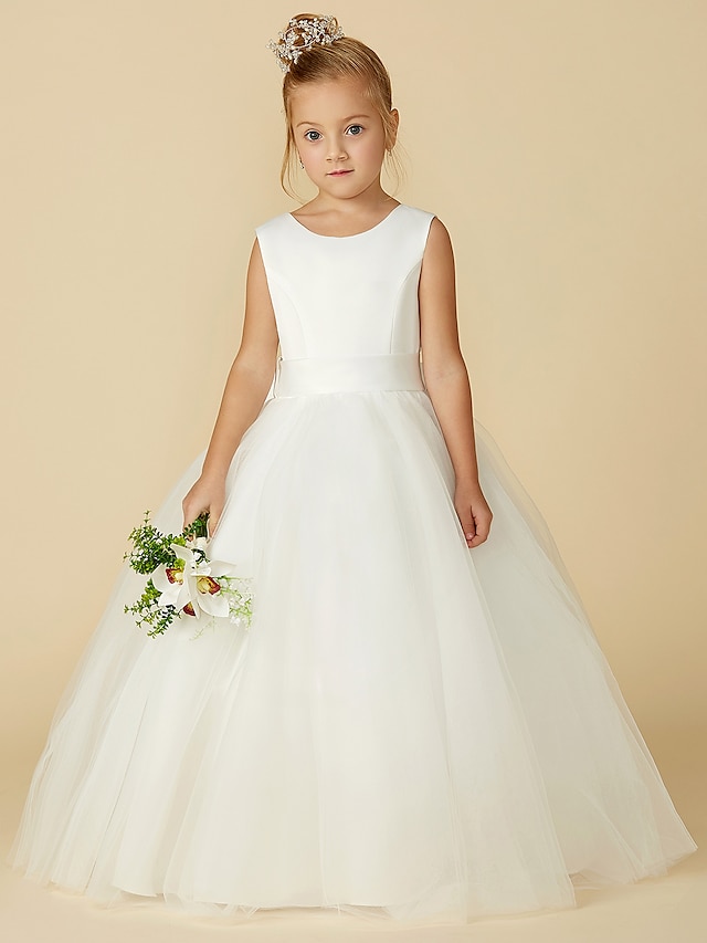  A-Line Floor Length Flower Girl Dress First Communion Girls Cute Prom Dress Satin with Sash / Ribbon Elegant Fit 3-16 Years