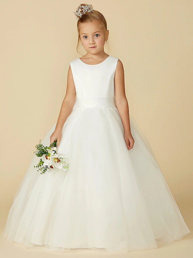 A-Line Floor Length Flower Girl Dress First Communion Girls Cute Prom Dress Satin with Sash / Ribbon Elegant Fit 3-16 Years dress to impress 15