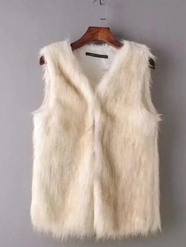  Women's Daily Regular Vest, Solid Colored V Neck Long Sleeve Faux Fur / Polyester Brown / Khaki / Slim