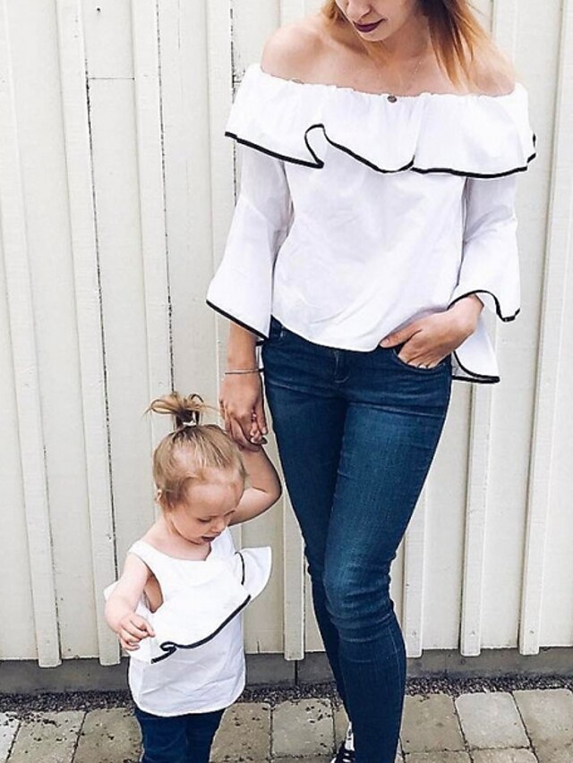  Mommy and Me Basic Daily Solid Colored Long Sleeve Clothing Set White