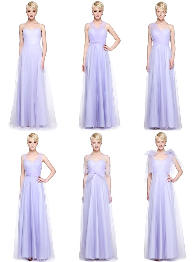  A-Line V Neck Floor Length Tulle Bridesmaid Dress with Ruffles / Side Draping