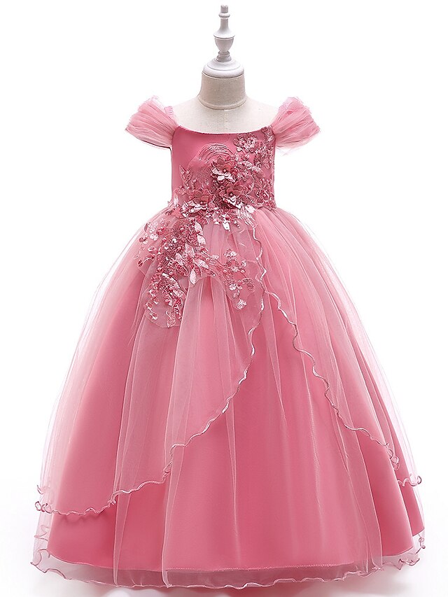 Princess Floor Length Flower Girl Dresses Party Polyester Short Sleeve Off Shoulder with Lace