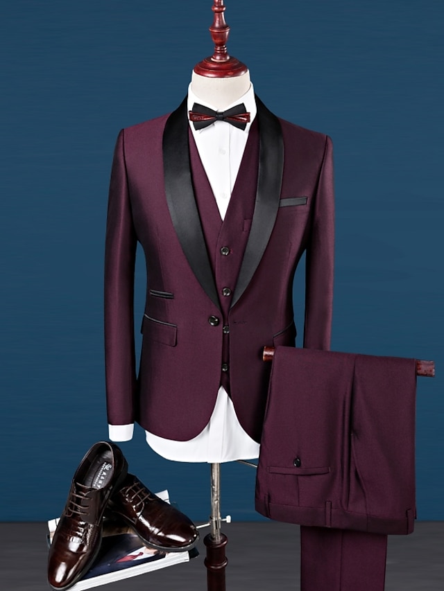  Burgundy Blue Men's Wedding Tuxedos 3 Piece Shawl Collar Solid Colored Tailored Fit Single Breasted One-button 2022