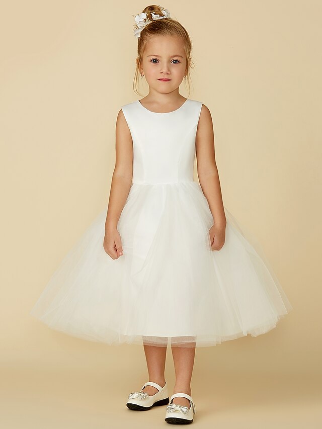  Princess Tea Length Flower Girl Dress First Communion Cute Prom Dress Satin with Lace Fit 3-16 Years