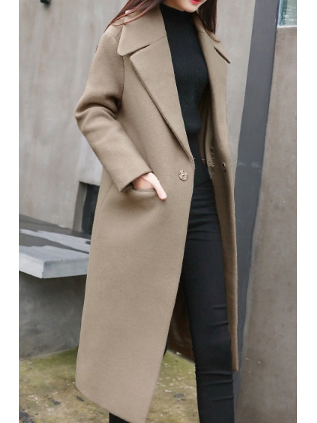  Women's Daily Basic Long Coat, Solid Colored Notch Lapel Long Sleeve Polyester Black / Army Green / Khaki