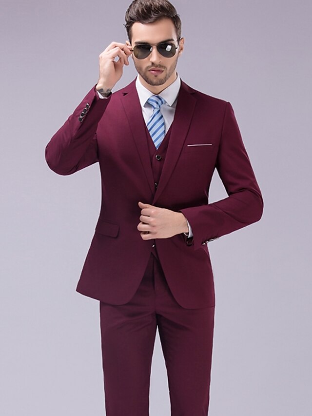  Solid Colored Tailored Fit Wool / Polyster Suit - Notch Single Breasted One-button / Suits