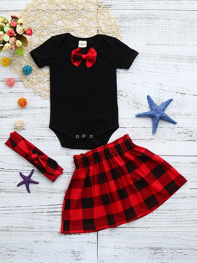  Baby Girls' Active / Street chic Christmas / Party / Holiday Solid Colored / Plaid Bow / Lace up / Print Short Sleeve Regular Regular Cotton Clothing Set Black / Toddler