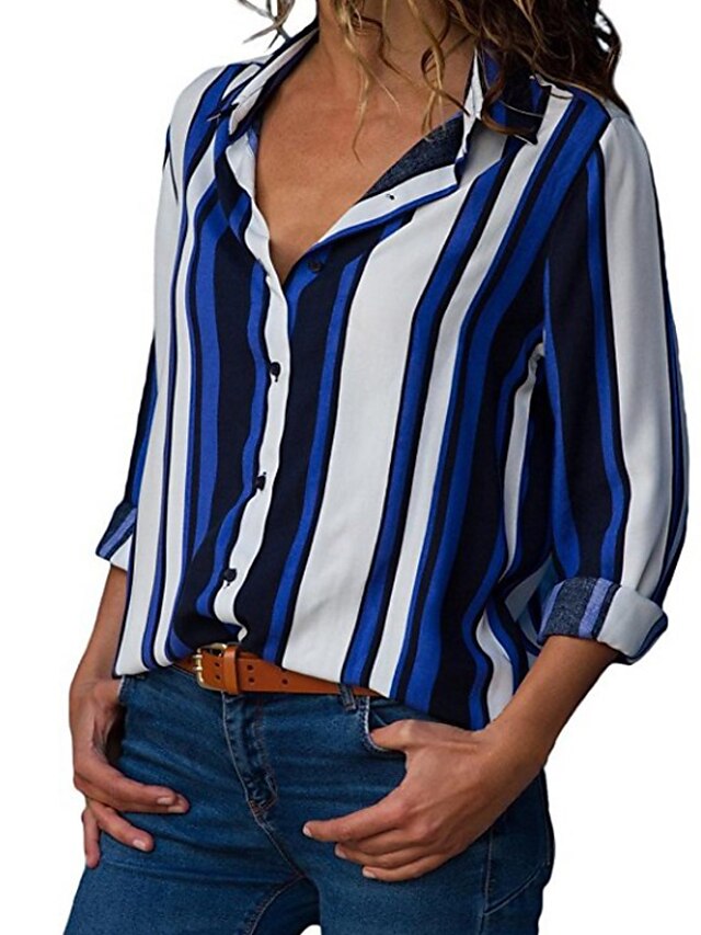  Dames Grote maten Gestreept Overhemd Standaard Dagelijks Overhemdkraag blauw / Licht Blauw