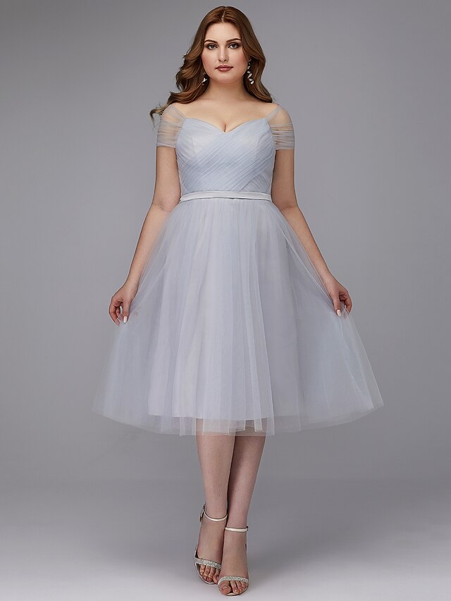  Linha A Elegante Vestido Convidado do casamento Coquetel Longuette Manga Curta Ombro a Ombro Tule com Faixa / Fita Cruzado 2024