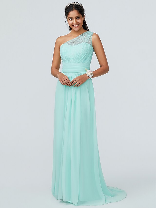  A-Line One Shoulder Floor Length Chiffon / Lace Bridesmaid Dress with Lace