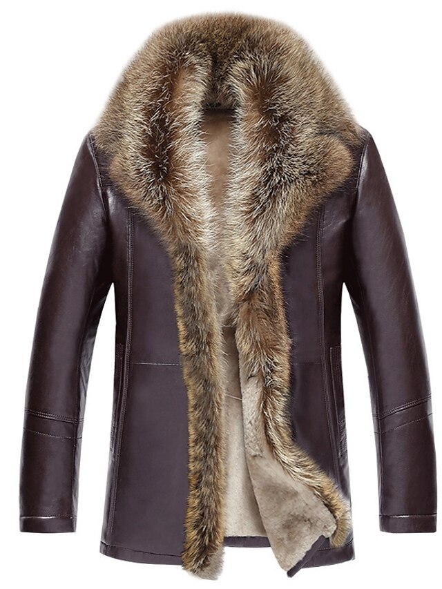  Men's Fur Coat Daily Winter Regular Coat Notch lapel collar Slim Luxury Jacket Long Sleeve Solid Colored Black Brown