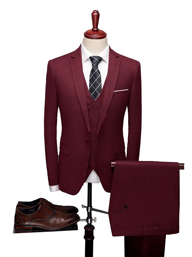  Solid Colored Tailored Fit Polyester Suit - Notch Single Breasted One-button / Suits