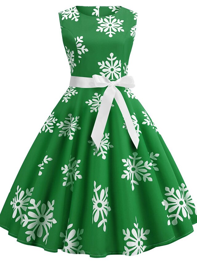  Damskie Święto Wyjściowe Vintage Elegancja Bawełna Swing Sukienka - Płatek śniegu Do kolan