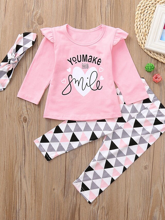  Toddler Girls' Active Basic Daily Black & White Geometric Print Long Sleeve Regular Regular Cotton Clothing Set Blushing Pink