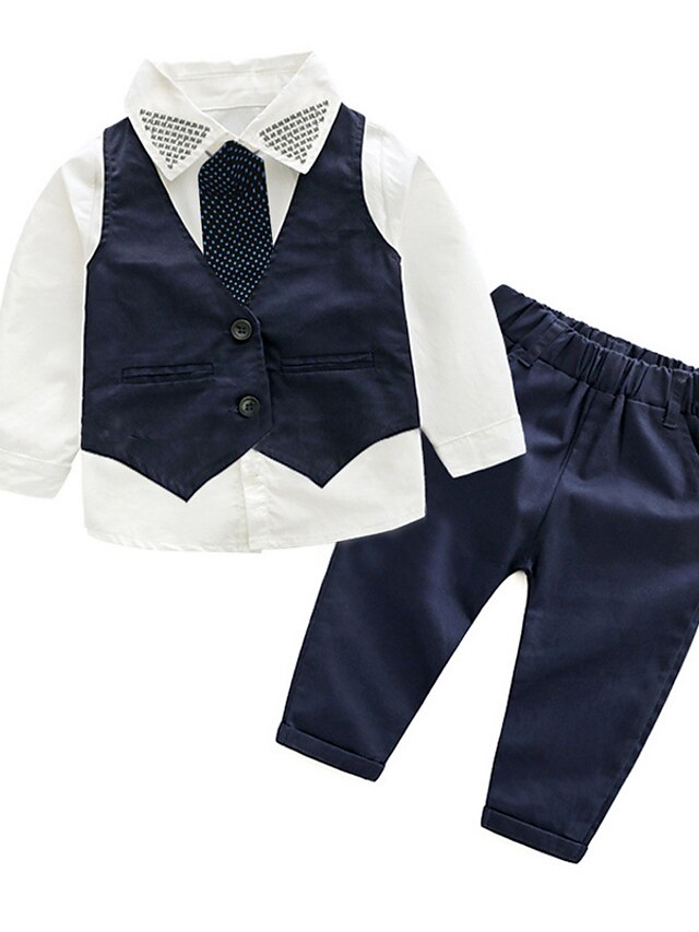  Kids Toddler Boys' Clothing Set Long Sleeve Navy Blue Striped Solid Colored Cotton Party Daily Active Basic Regular