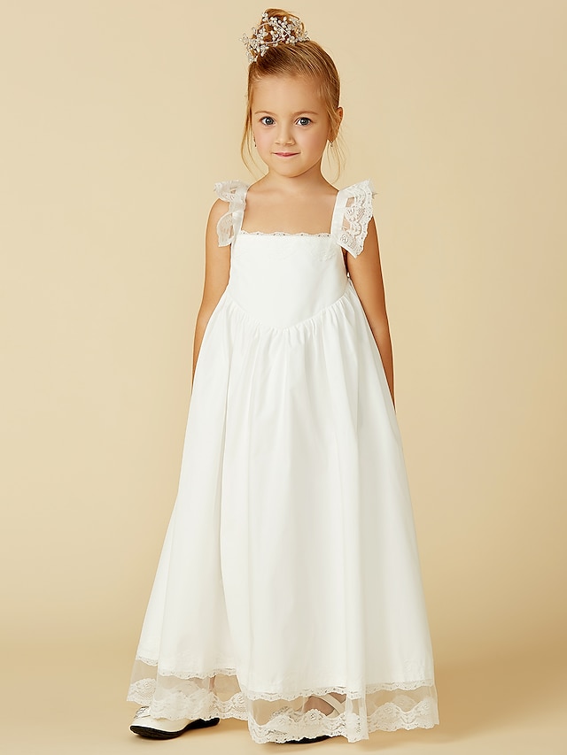  A-Line Ankle Length Flower Girl Dress Wedding Cute Prom Dress Cotton with Pleats Fit 3-16 Years