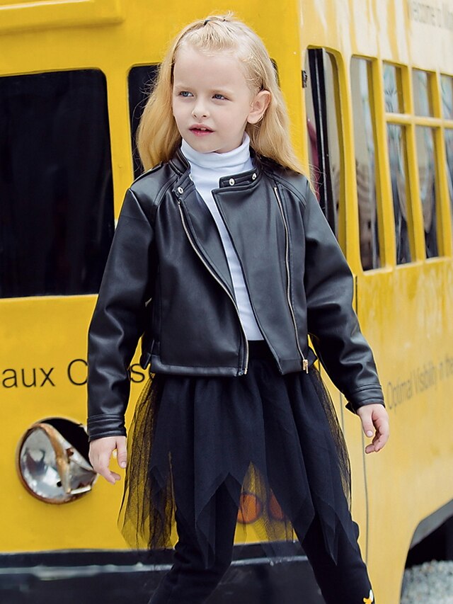  子供 女の子 ストリートファッション ソリッド 長袖 レギュラー ポリウレタン ジャケット＆コート ブラック