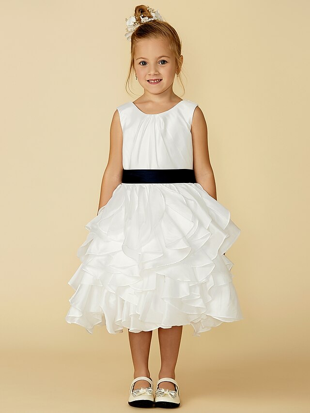  A-Line Knee Length Flower Girl Dress Wedding Cute Prom Dress Satin with Sash / Ribbon Fit 3-16 Years