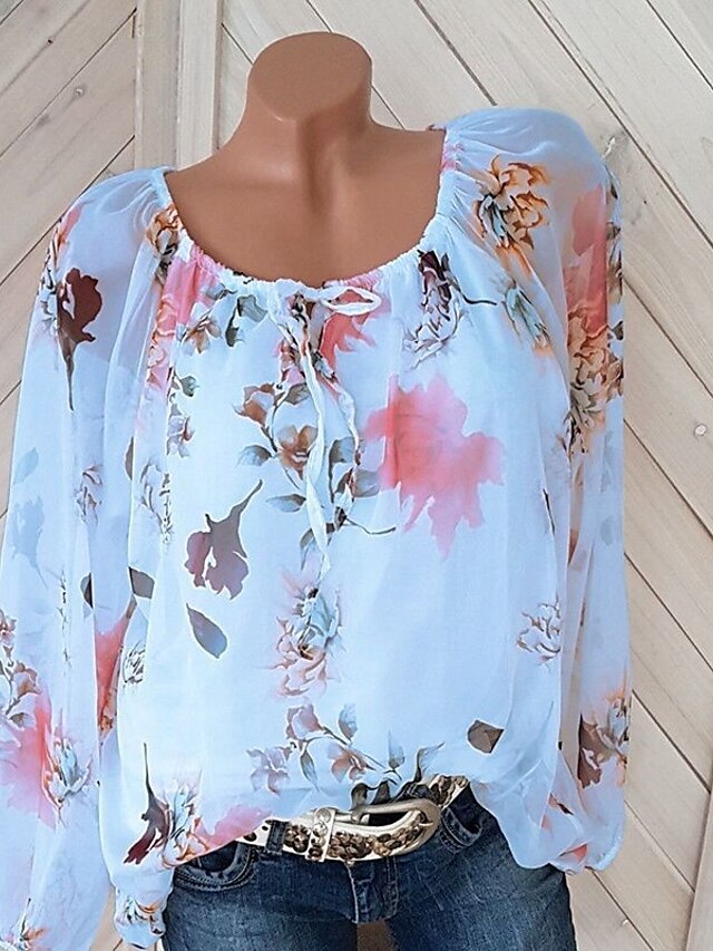  Women's Daily Plus Size Blouse Floral Print Long Sleeve Tops Cotton Off Shoulder White Blue Blushing Pink