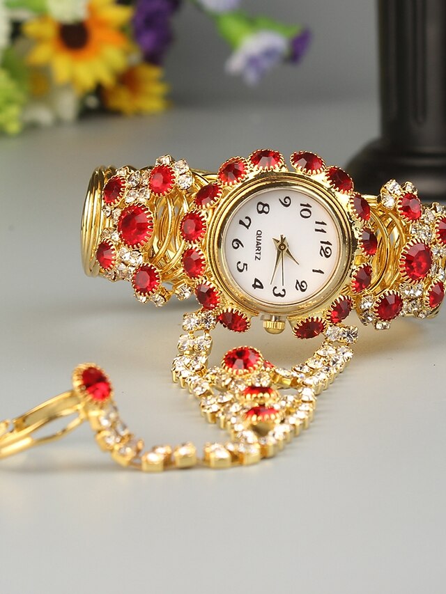  Mulheres Bracele Relógio Quartzo Dourada Cronógrafo Analógico-Digital senhoras Fashion - Vermelho