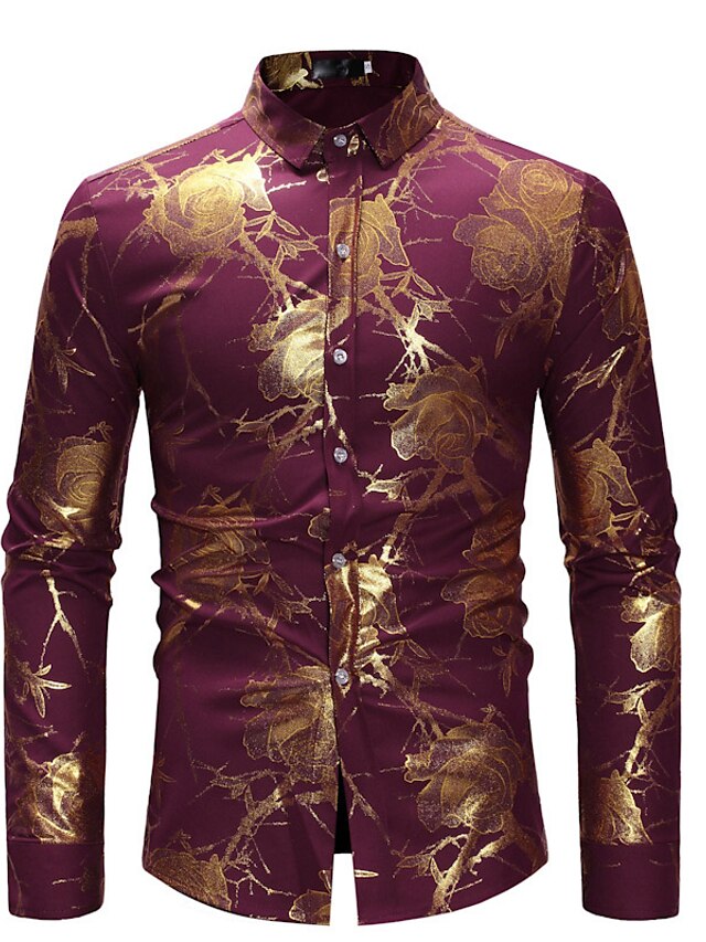  Men's Shirt Floral Shirt Collar White Black Wine Navy Blue Long Sleeve Party Daily Print Tops Basic Luxury