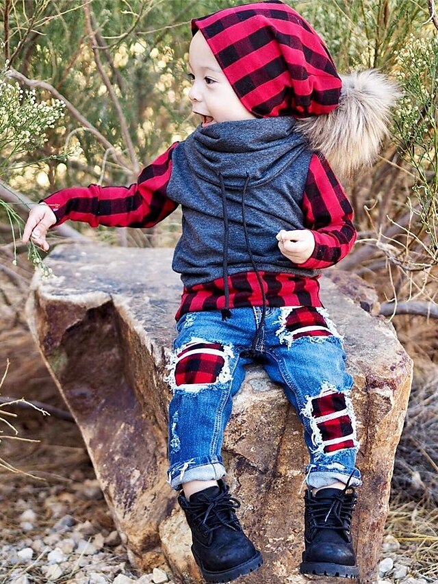  Boys 3D Plaid Clothing Set Long Sleeve Fall Winter Active Basic Cotton Polyester Spandex Kids Toddler Daily Sports Slim
