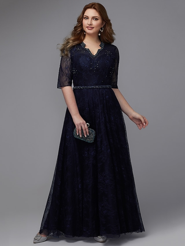  A-Line Plus Size Wedding Guest Formal Evening Dress V Neck Lace-up Half Sleeve Floor Length Lace with Beading 2022
