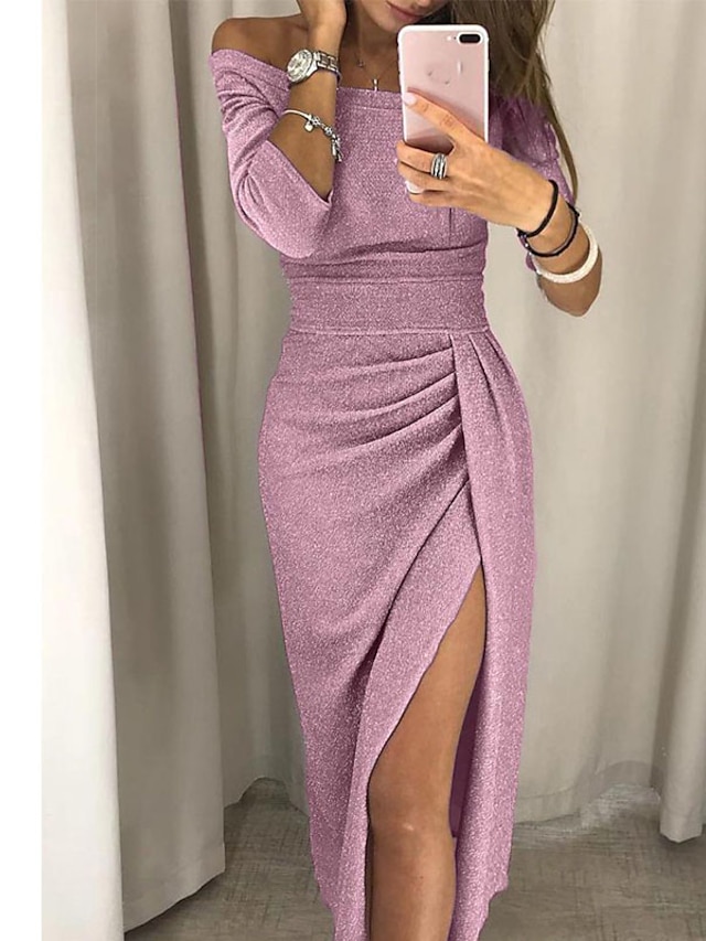  Mulheres Sensual Elegante Delgado Tubinho Vestido - Fenda, Sólido Ombro a Ombro Médio Rosa empoeirada