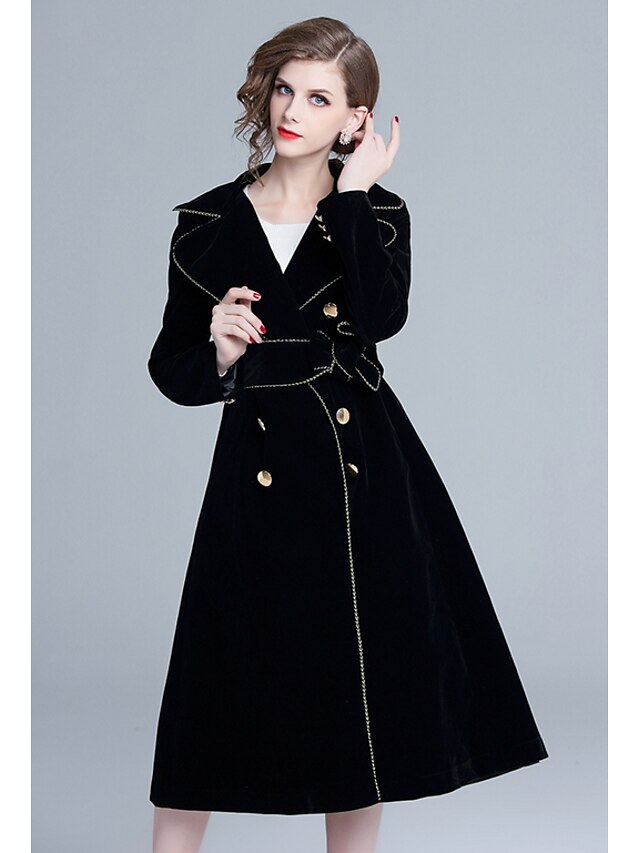  Women's Daily Street chic Long Trench Coat, Solid Colored Turndown Long Sleeve Velvet Black