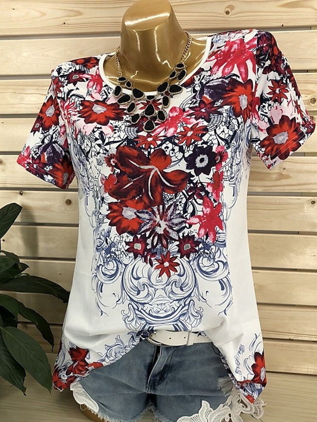  Mujer Chic de Calle Tallas Grandes Flor / Floral / Estampado Camiseta Gráfico Morado / Primavera / Verano / Otoño