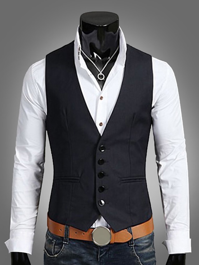  Men's Vest Waistcoat Wedding Work 1920s Smart Casual Polyester Solid Colored Slim Black Navy Blue Brown Vest