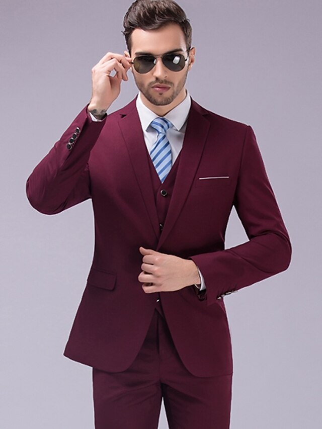  Burgundy Men's Wedding Suits Solid Colored Tailored Fit Single Breasted One-button 2022