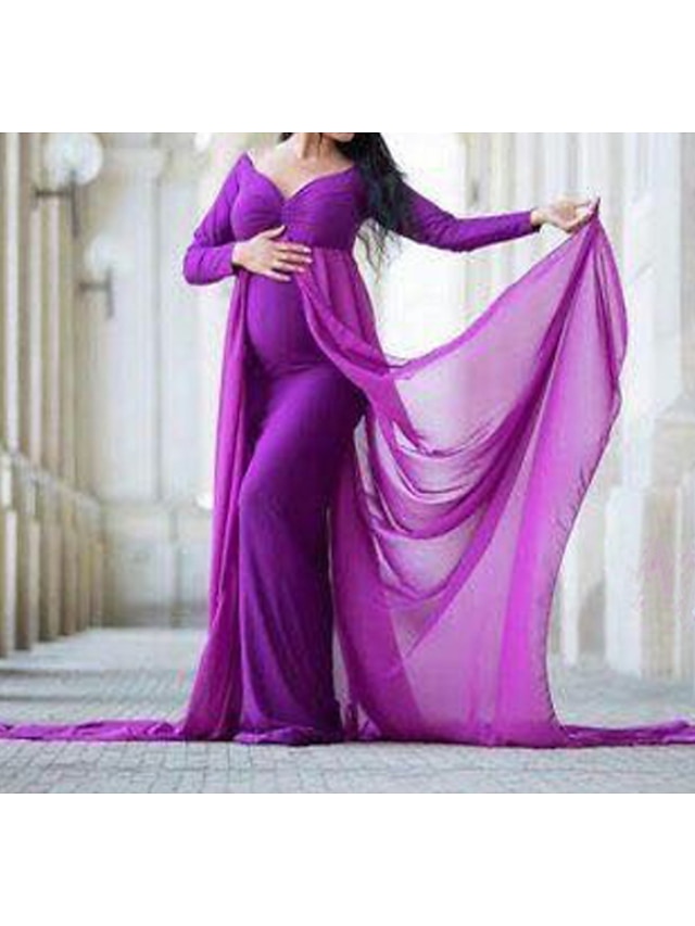  Women's Swing Dress Purple Red Beige Long Sleeve Solid Colored Fall V Neck Streetwear S M L / Maxi / Maternity