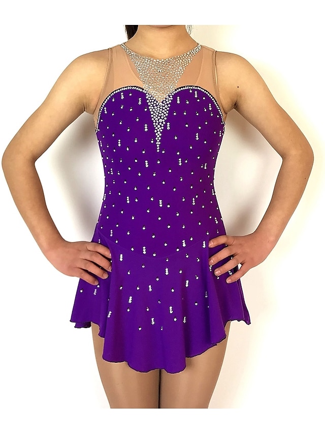 Sports & Outdoors Ice Skating | Figure Skating Dress Womens Girls Ice Skating Dress Outfits Purple Patchwork Spandex Stretch Yar