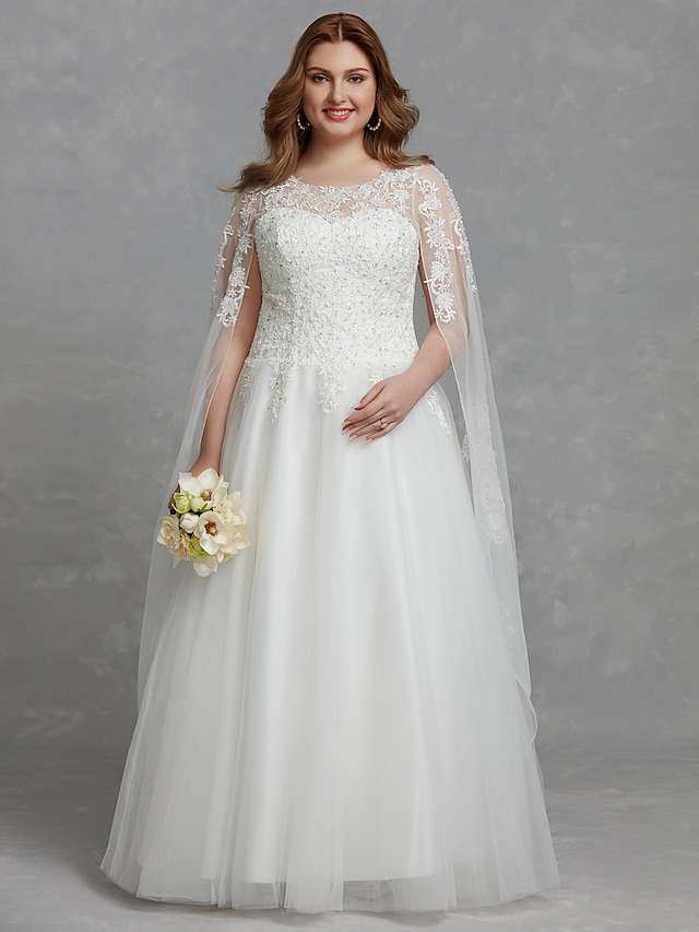 Wedding Dresses Floor Length A-Line Long Sleeve Jewel Neck Lace With ...