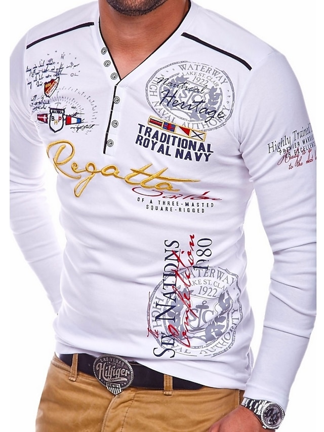  Erkek T gömlek Gömlek Tişörtler Grafik Harf V Yaka Havuz Turuncu Beyaz Siyah Günlük Giyim Temel Kas / Uzun Kollu / Uzun Kollu
