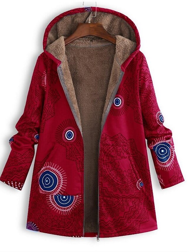  Women's Fall & Winter Coat Long Geometric Daily Basic Plus Size Black Blue Red S M L