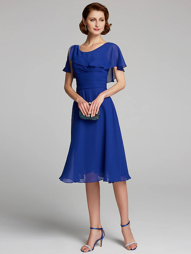 A-Line Mother of the Bride Dress Cowl Neck Knee Length Chiffon Short ...