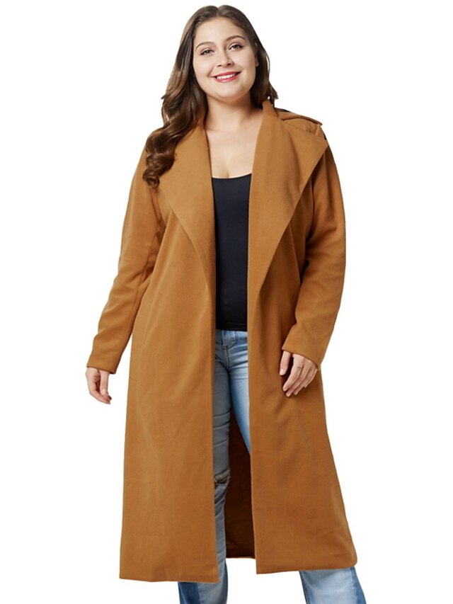  Women's Daily Street chic Plus Size Long Coat, Solid Colored Rolled collar Long Sleeve Polyester Blue / Brown