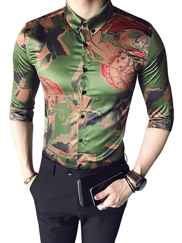  Men's Daily Casual Plus Size Silk Shirt - Multi Color Print Button Down Collar Green / Long Sleeve / Spring / Fall
