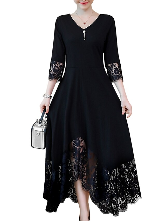  Women's A Line Dress Maxi long Dress Long Sleeve Black Solid Colored Lace Trims Fall Spring Plus Size Black L XL XXL 3XL 4XL 5XL 6XL