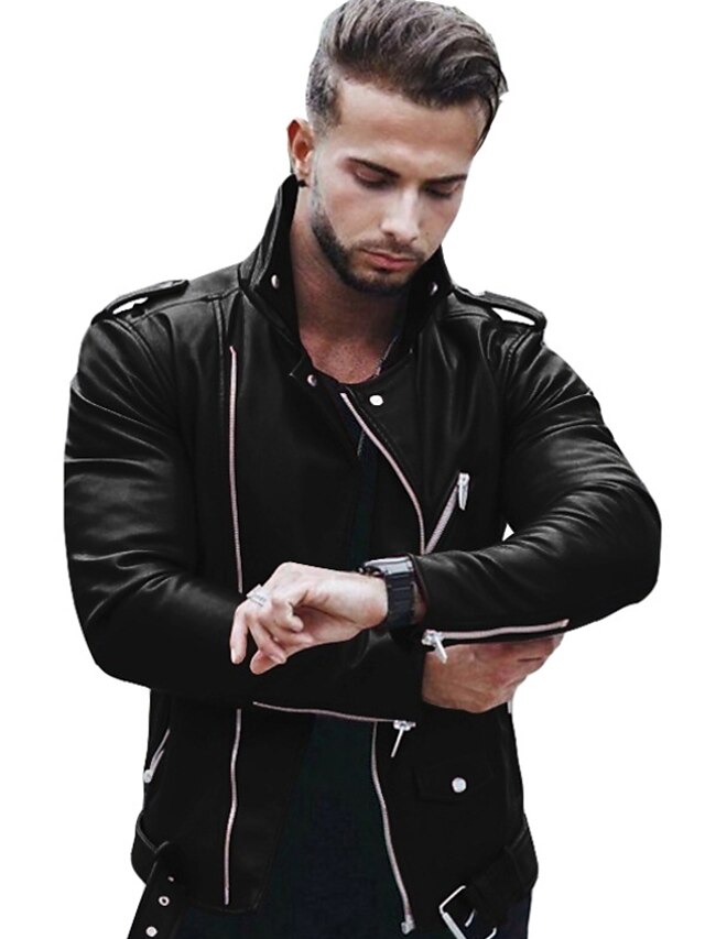 Men's Faux Leather Jacket Biker Jacket Negan Leather Jacket Red Leather Jacket Daily Thermal Warm Rain Waterproof Solid Colored Turndown Regular Regular Fit Black Wine Jacket3